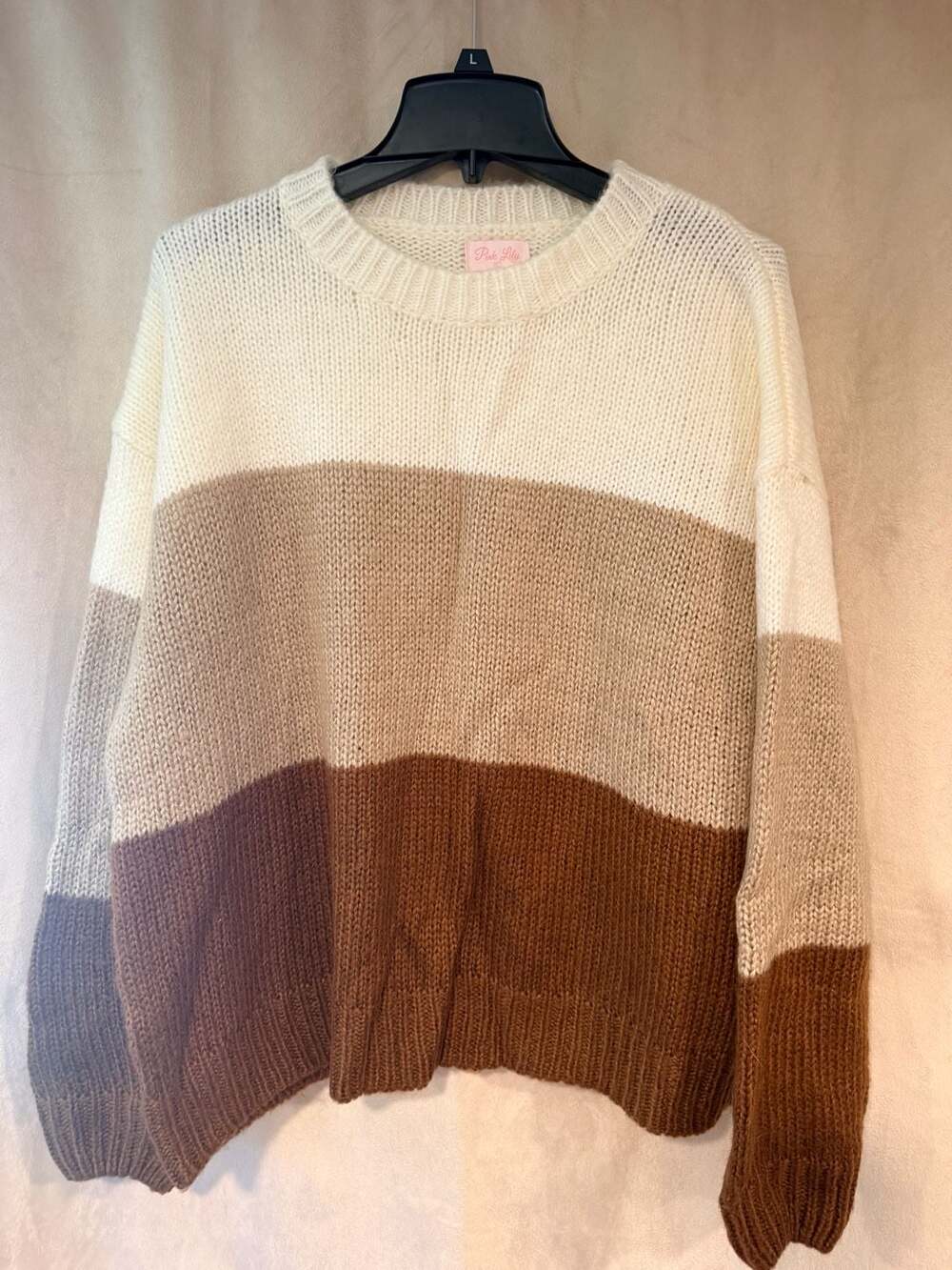 Pink Lily Colorblock Sweater Size L White Brown